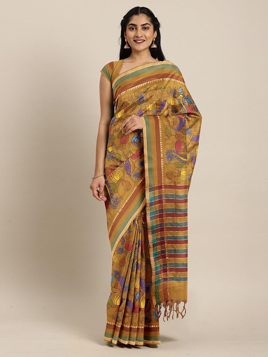 the chennai silks mustard & gold-toned floral zari pure cotton fusion chanderi saree