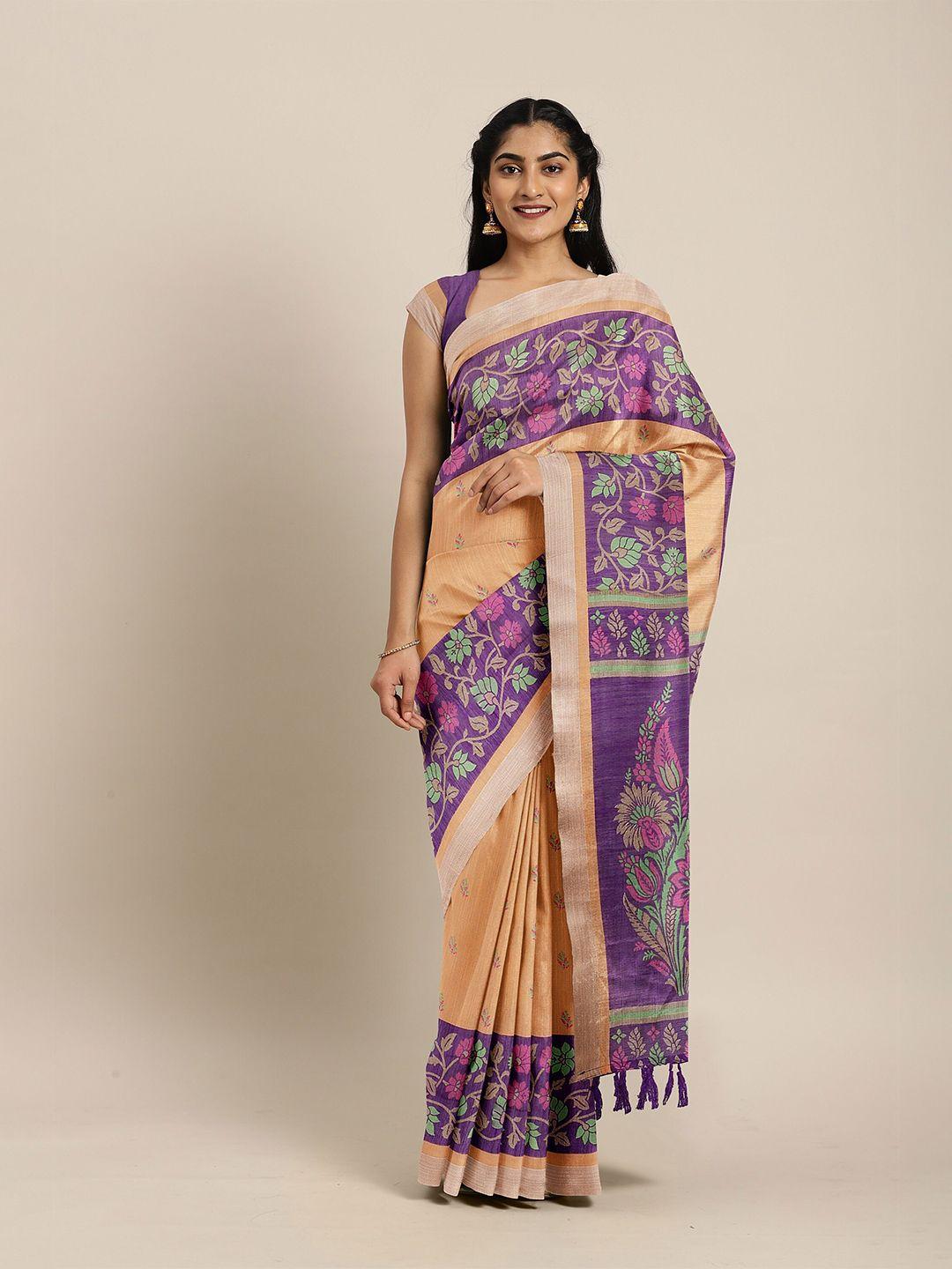 the chennai silks orange & violet floral fusion bhagalpuri saree
