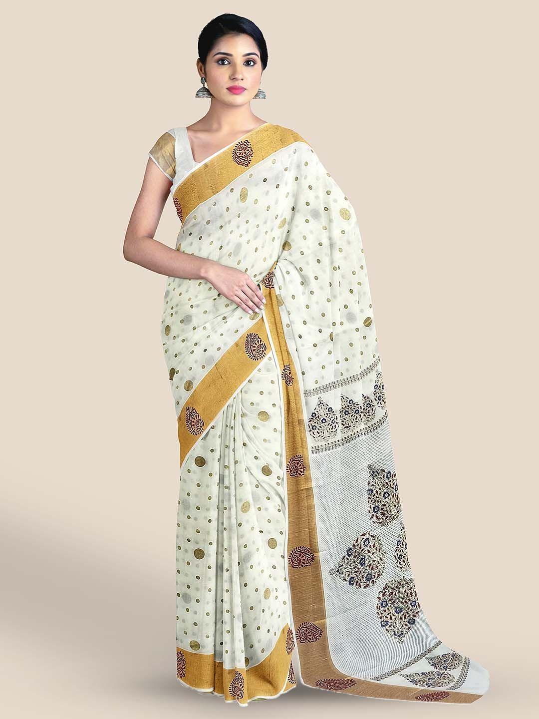 the chennai silks polka dot printed zari pure cotton kasavu saree