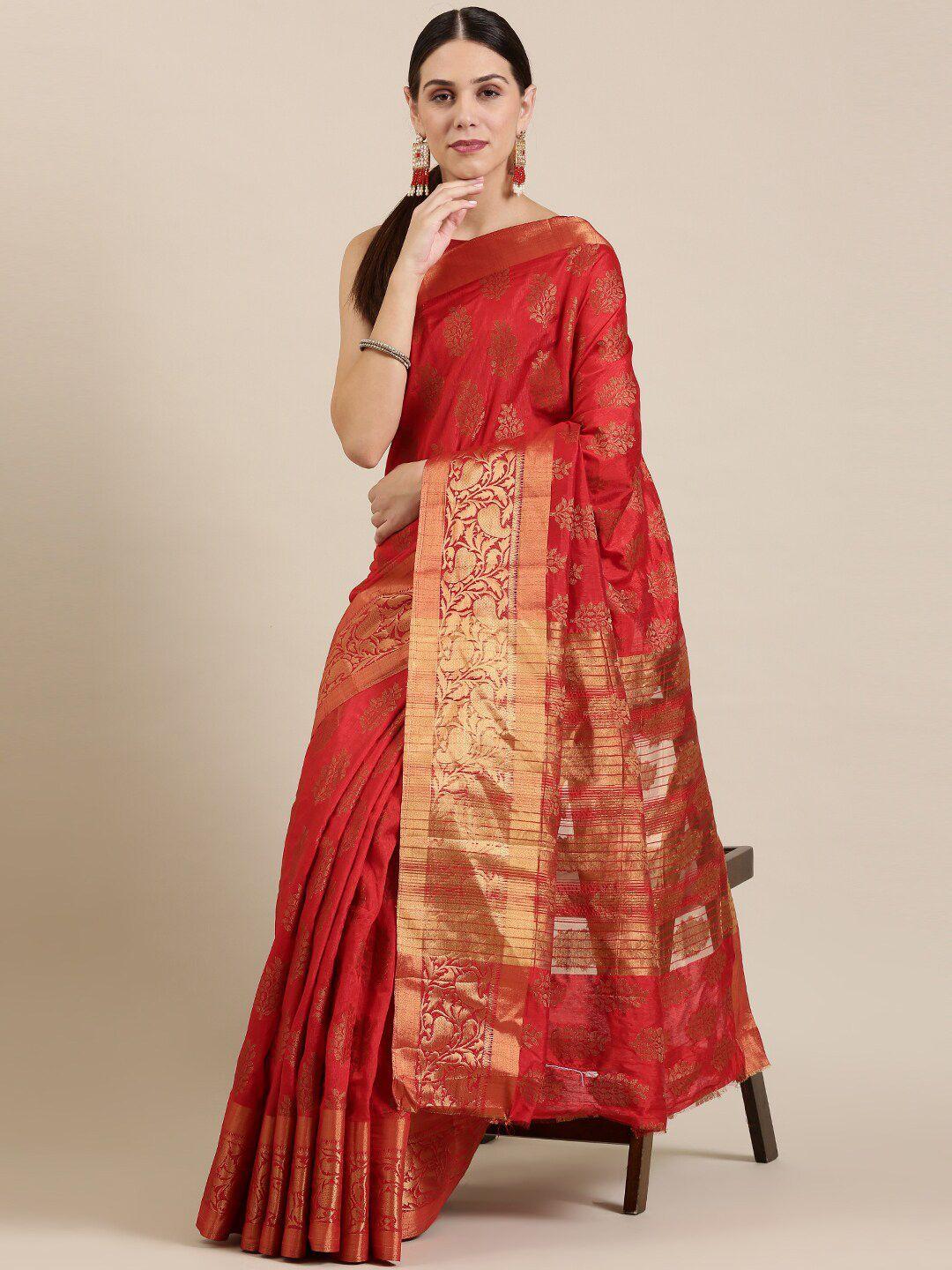 the chennai silks red & gold-toned floral zari jute cotton fusion saree