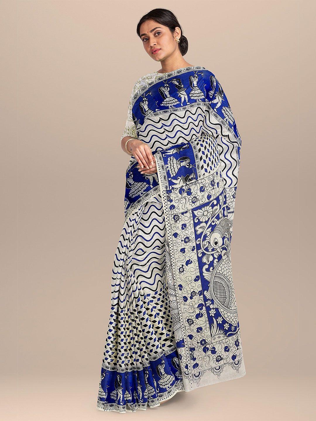 the chennai silks white & blue kalamkari pure cotton saree