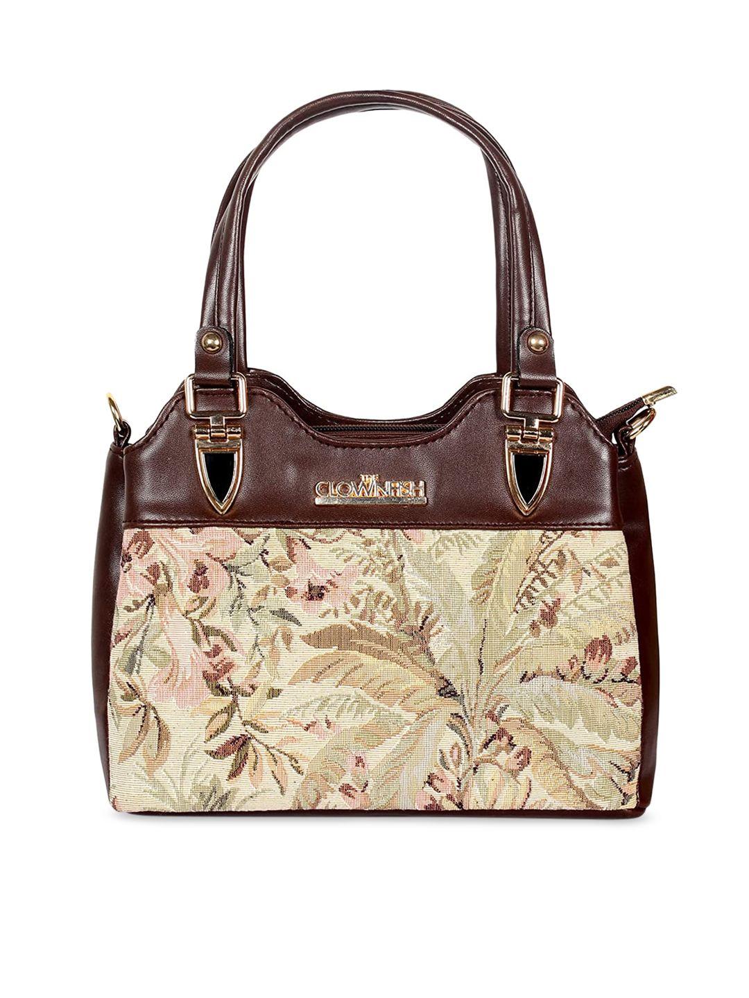 the clownfish beige & brown floral faux leather handheld bag