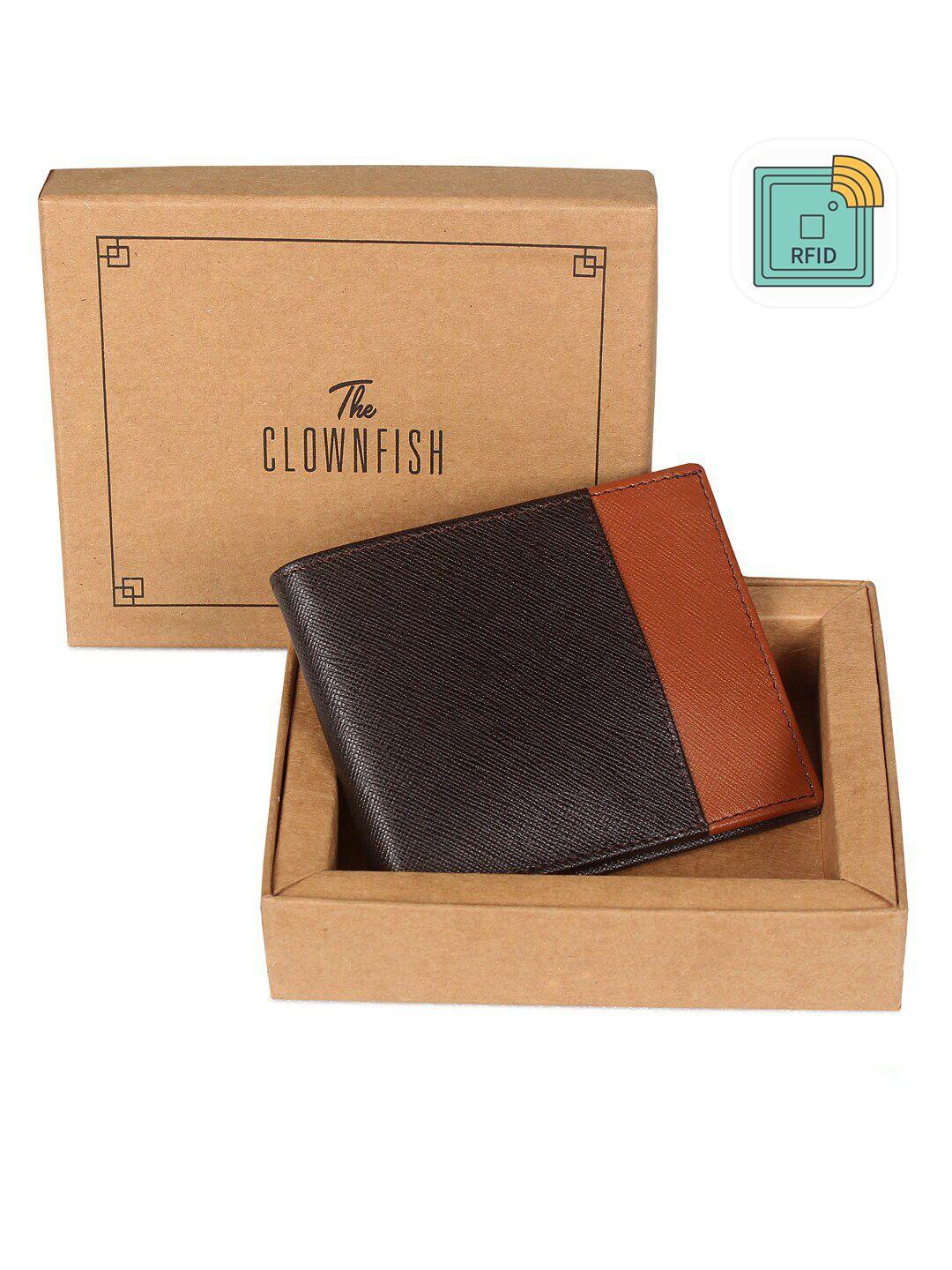 the clownfish men brown & black colourblocked leather two fold wallet
