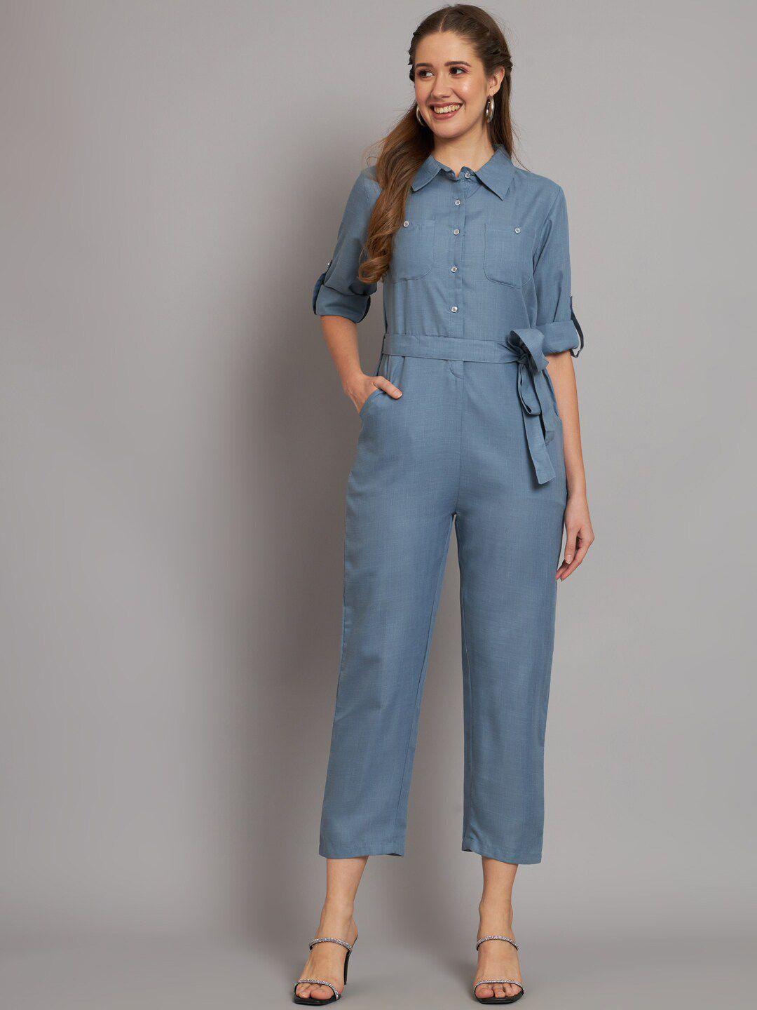 the dry state blue waist tie-ups roll-up sleeves shirt collar cotton basic jumpsuit