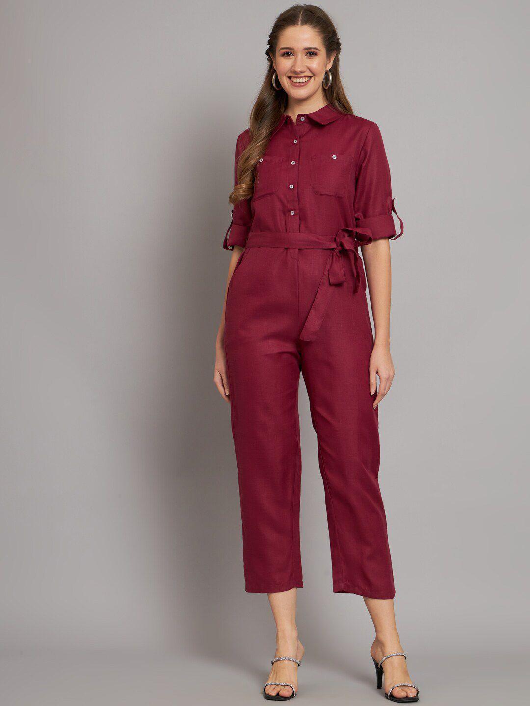 the dry state maroon waist tie-ups roll-up sleeves shirt collar cotton basic jumpsuit