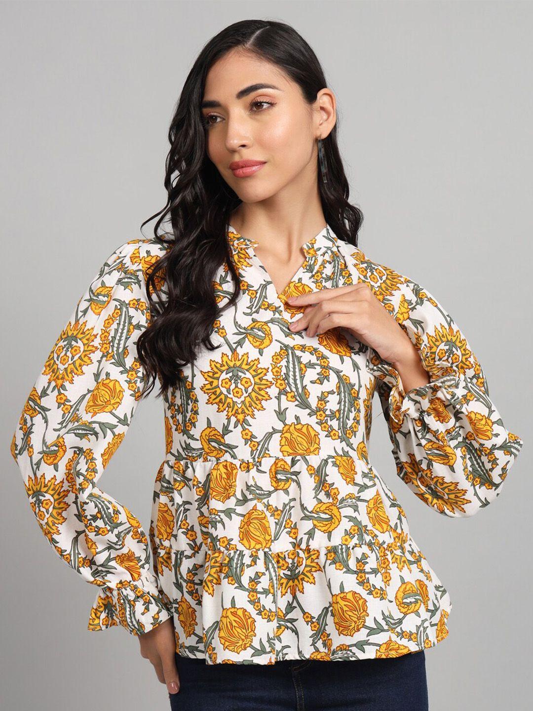 the dry state off white & yellow floral print bishop sleeves peplum top
