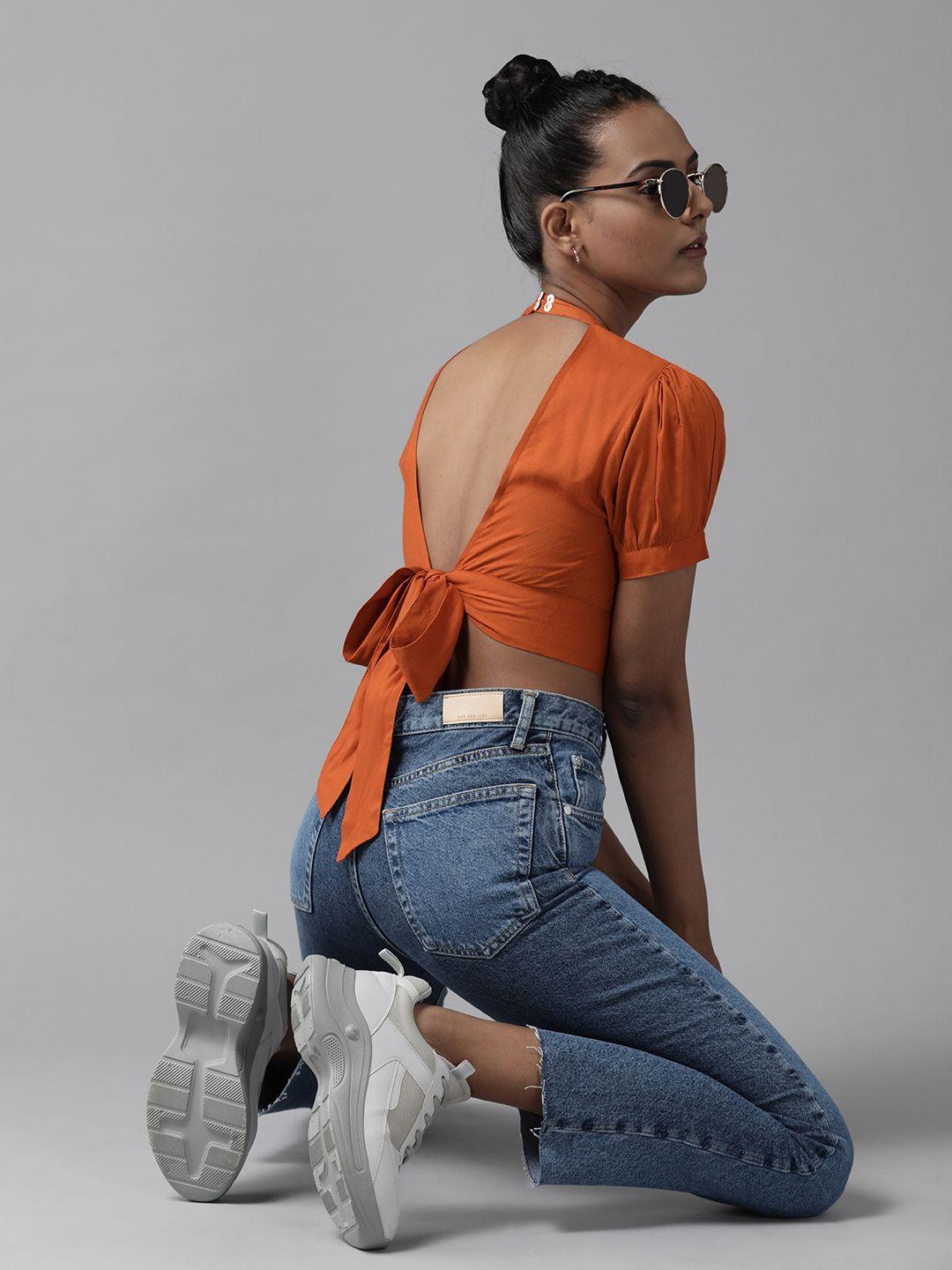 the dry state rust orange mandarin collar crop top with styled back