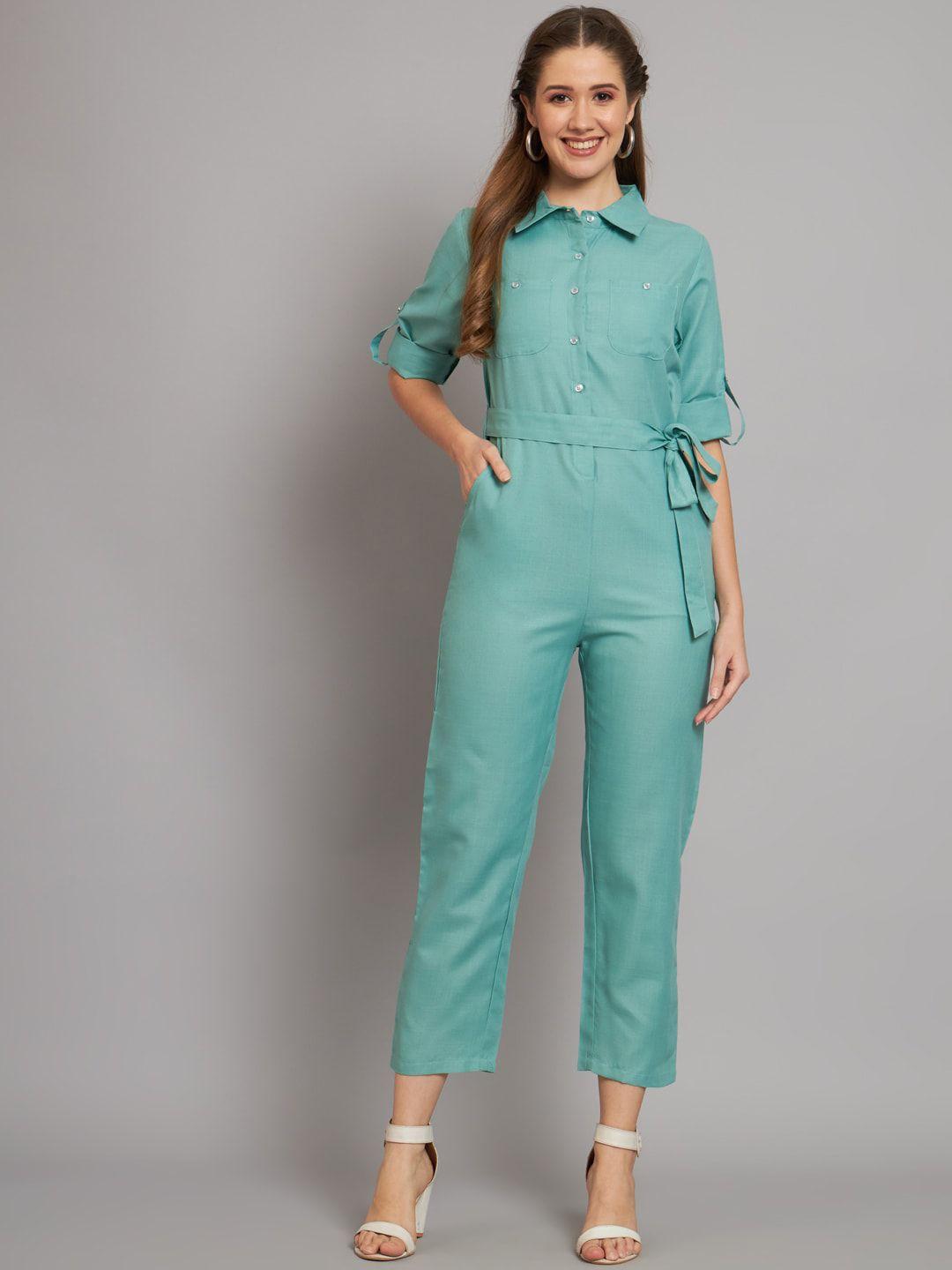 the dry state sea green  waist tie-ups roll-up sleeves shirt collar cotton basic jumpsuit