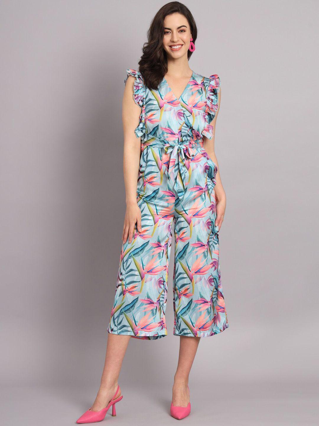 the dry state sea green & magenta printed jumpsuit with ruffles