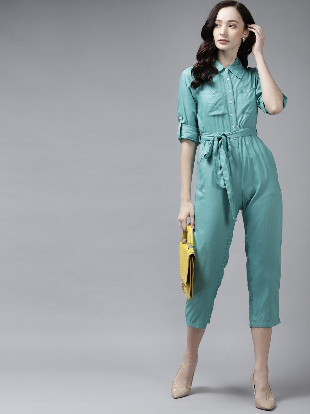 the dry state turquoise blue shirt collar basic jumpsuit