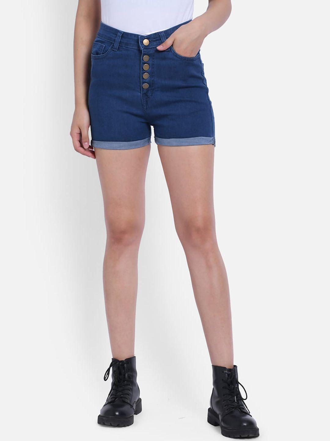 the dry state women blue solid regular fit denim shorts