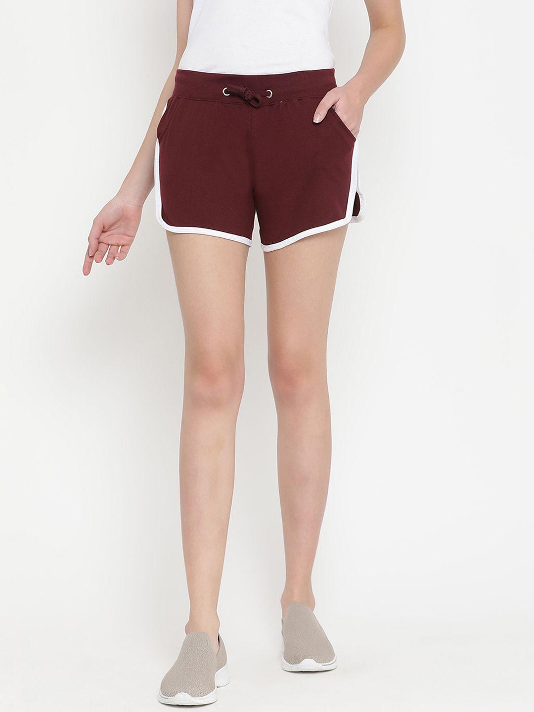 the dry state women maroon solid slim fit regular shorts