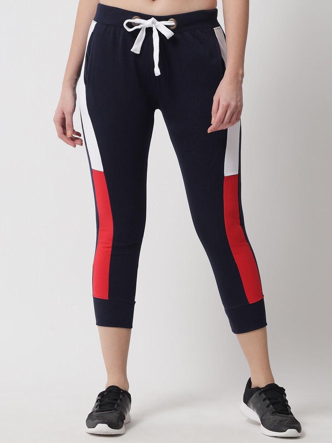 the dry state women navy blue & red solid slim-fit track pants