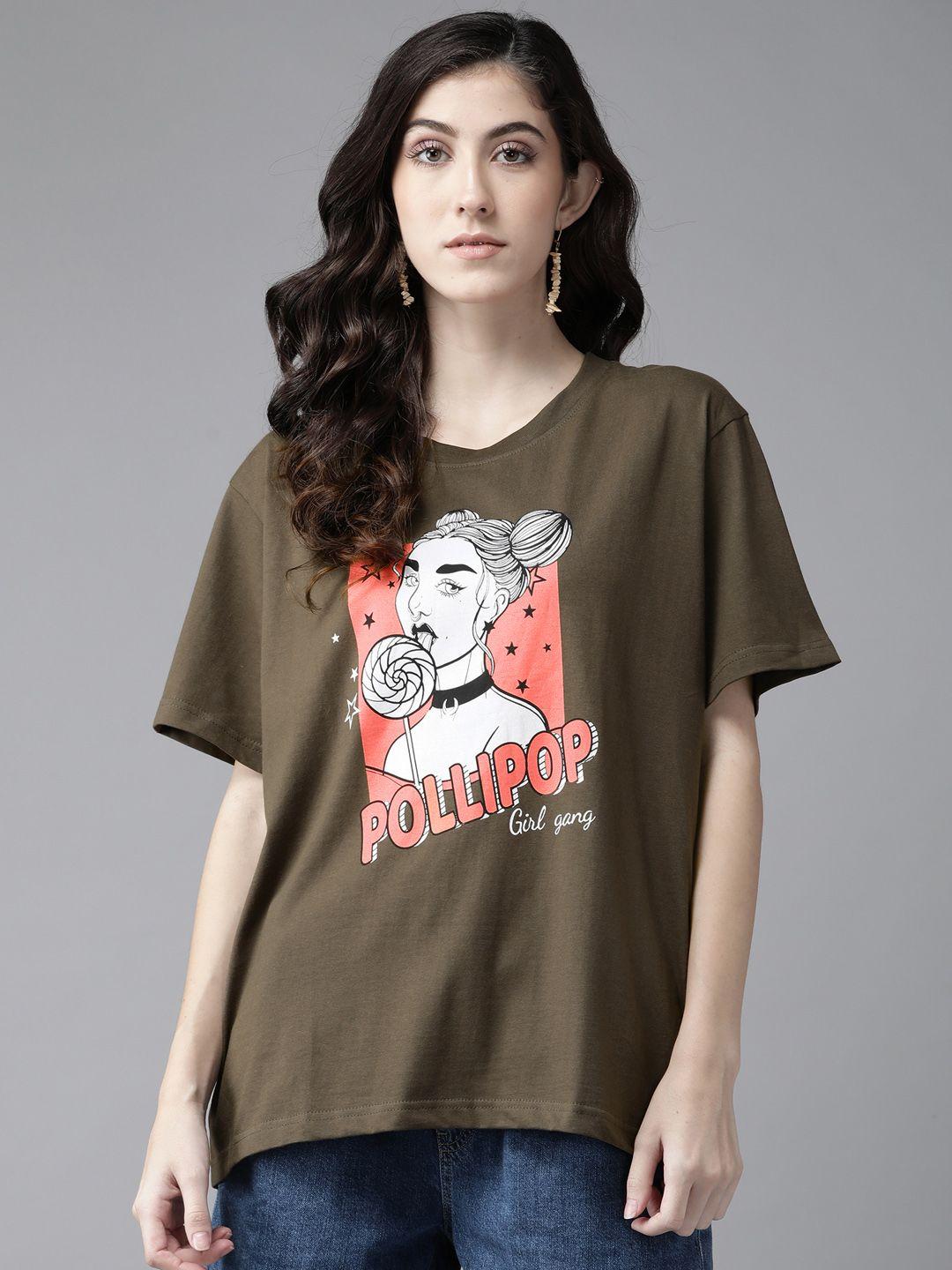 the dry state women olive green & white cotton printed oversized t-shirt