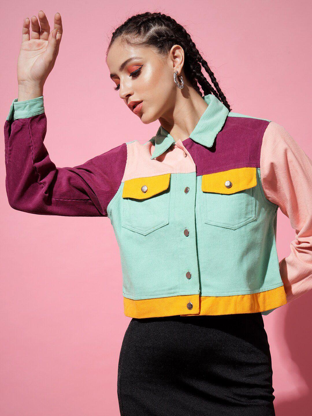 the dry state women sea green purple colourblocked corduroy crop bomber with patchwork jacket
