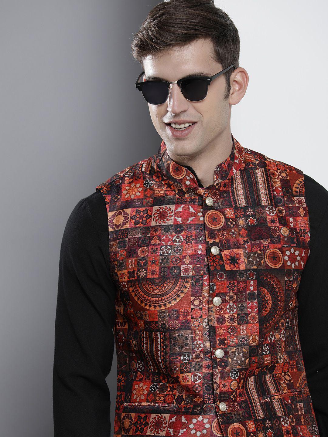the indian garage co ethnic motifs woven design mandarin collar nehru jacket