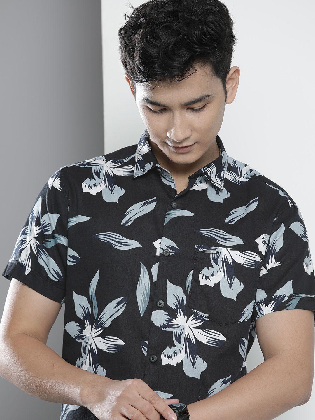 the indian garage co men black regular fit floral opaque printed casual shirt