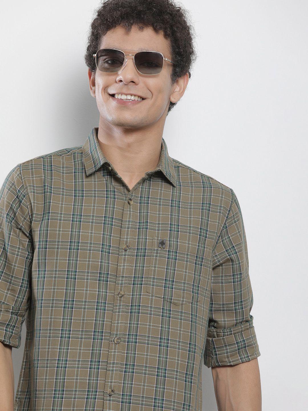 the indian garage co men brown & green checked pure cotton casual shirt