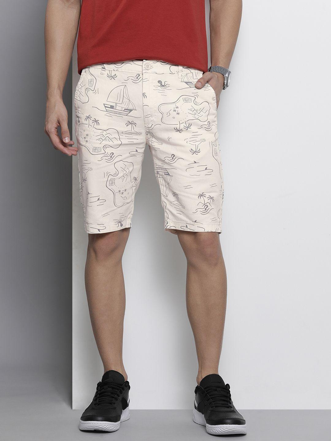 the indian garage co men cream-coloured printed slim fit cotton chino shorts