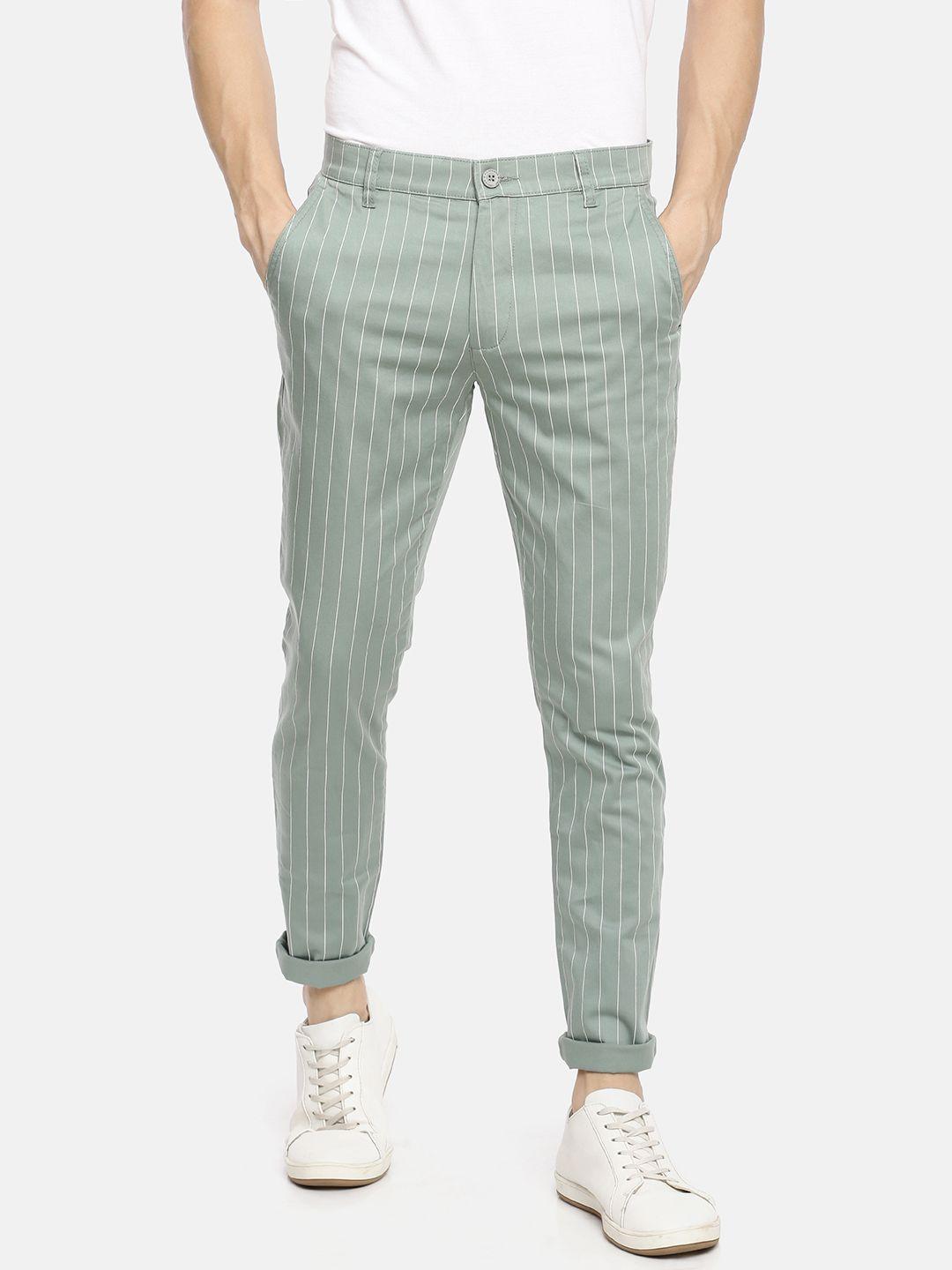 the indian garage co men green & white slim fit striped chinos