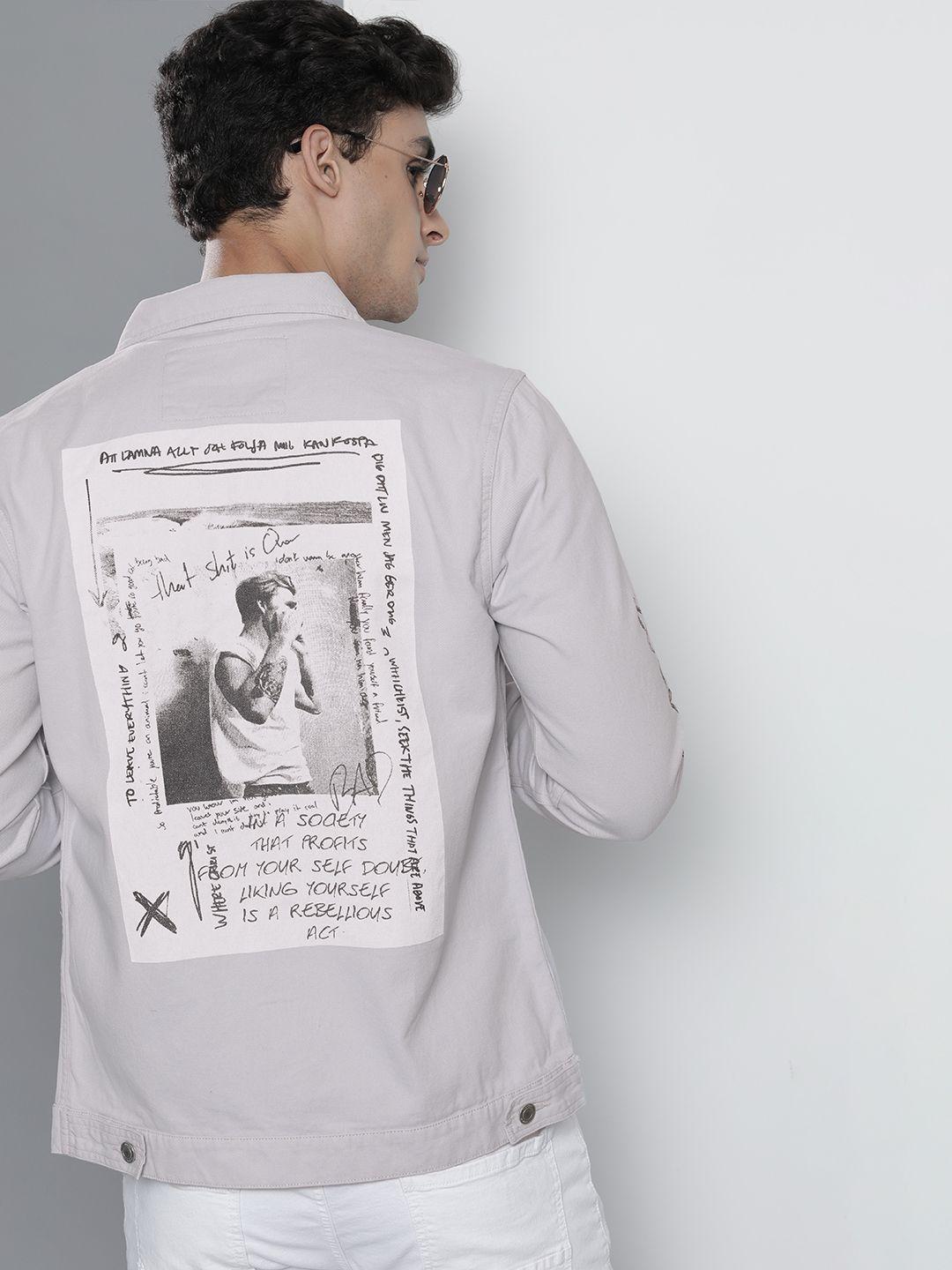 the indian garage co men grey & white typography print back cotton tailored jacket