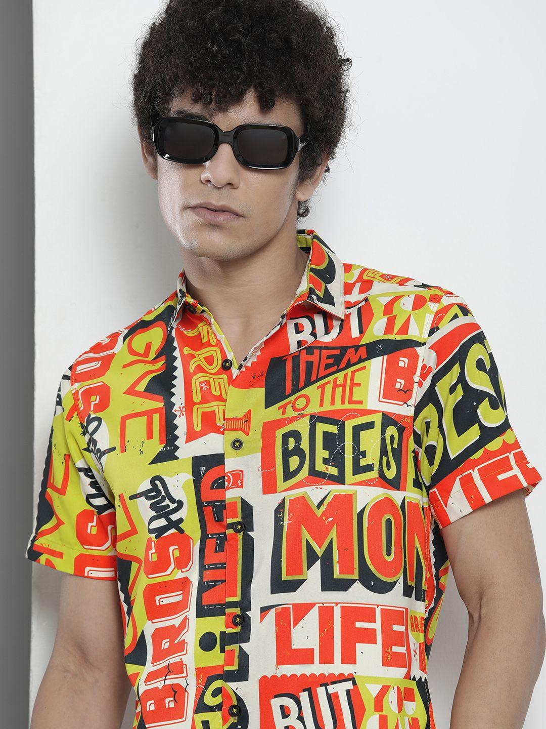 the indian garage co men lime green graphic printed casual shirt