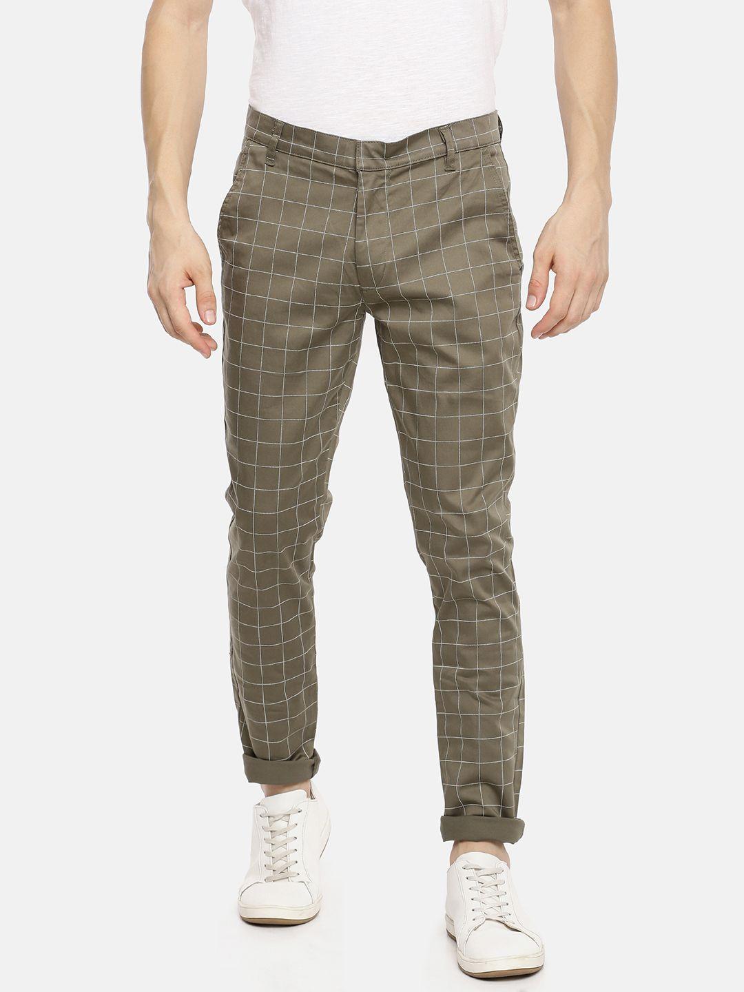 the indian garage co men olive green slim fit checked regular trousers