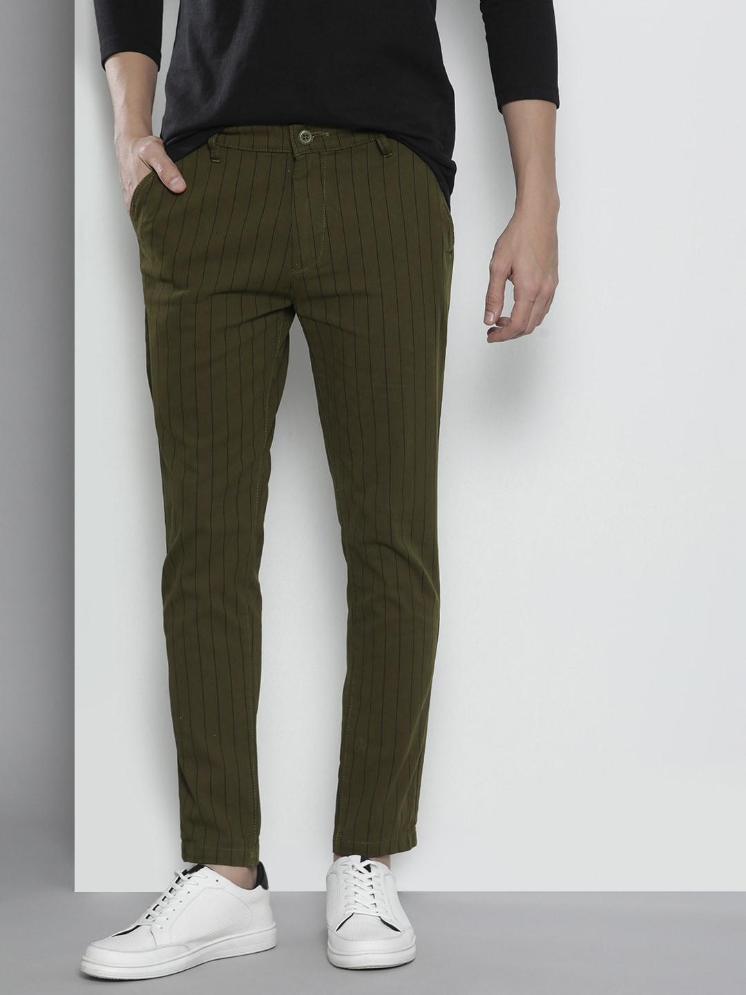 the indian garage co men olive green striped slim fit chinos trousers
