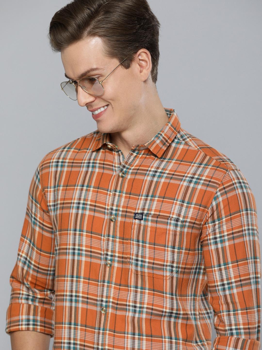 the indian garage co men orange & teal blue slim fit checked casual shirt