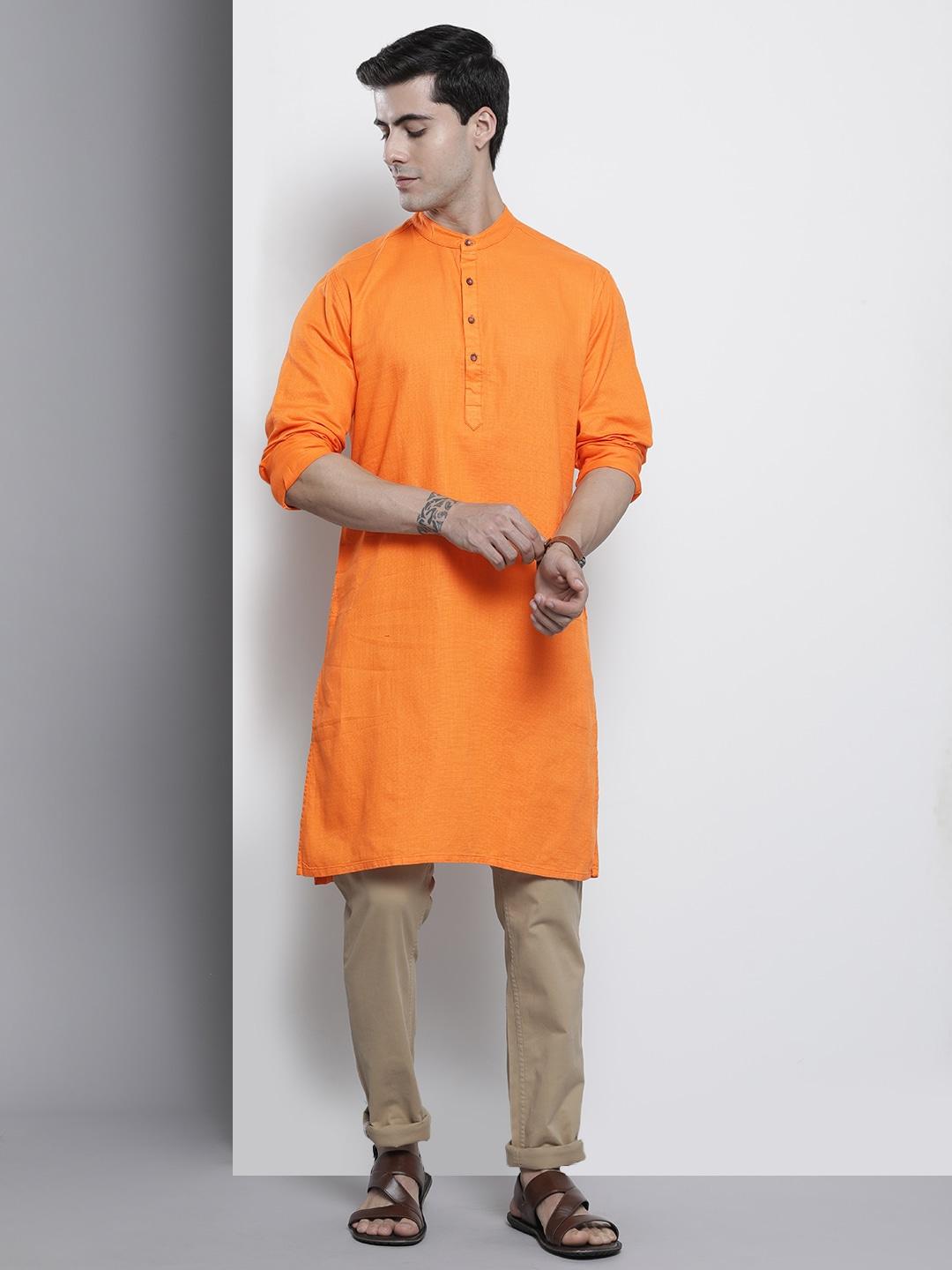 the indian garage co men orange solid kurta