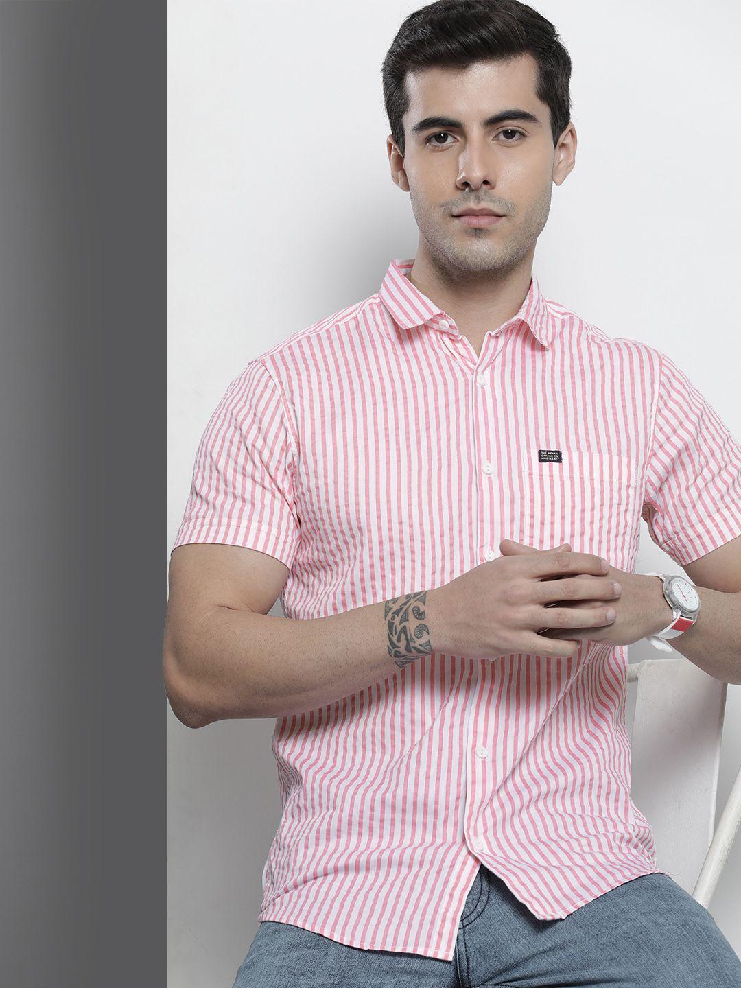 the indian garage co men pink comfort striped regular fit cotton casual shirt