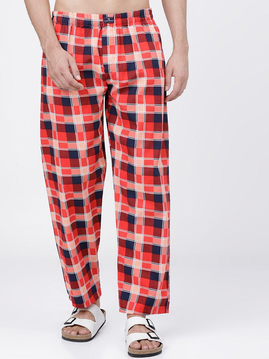 the indian garage co men red & blue checked cotton lounge pants