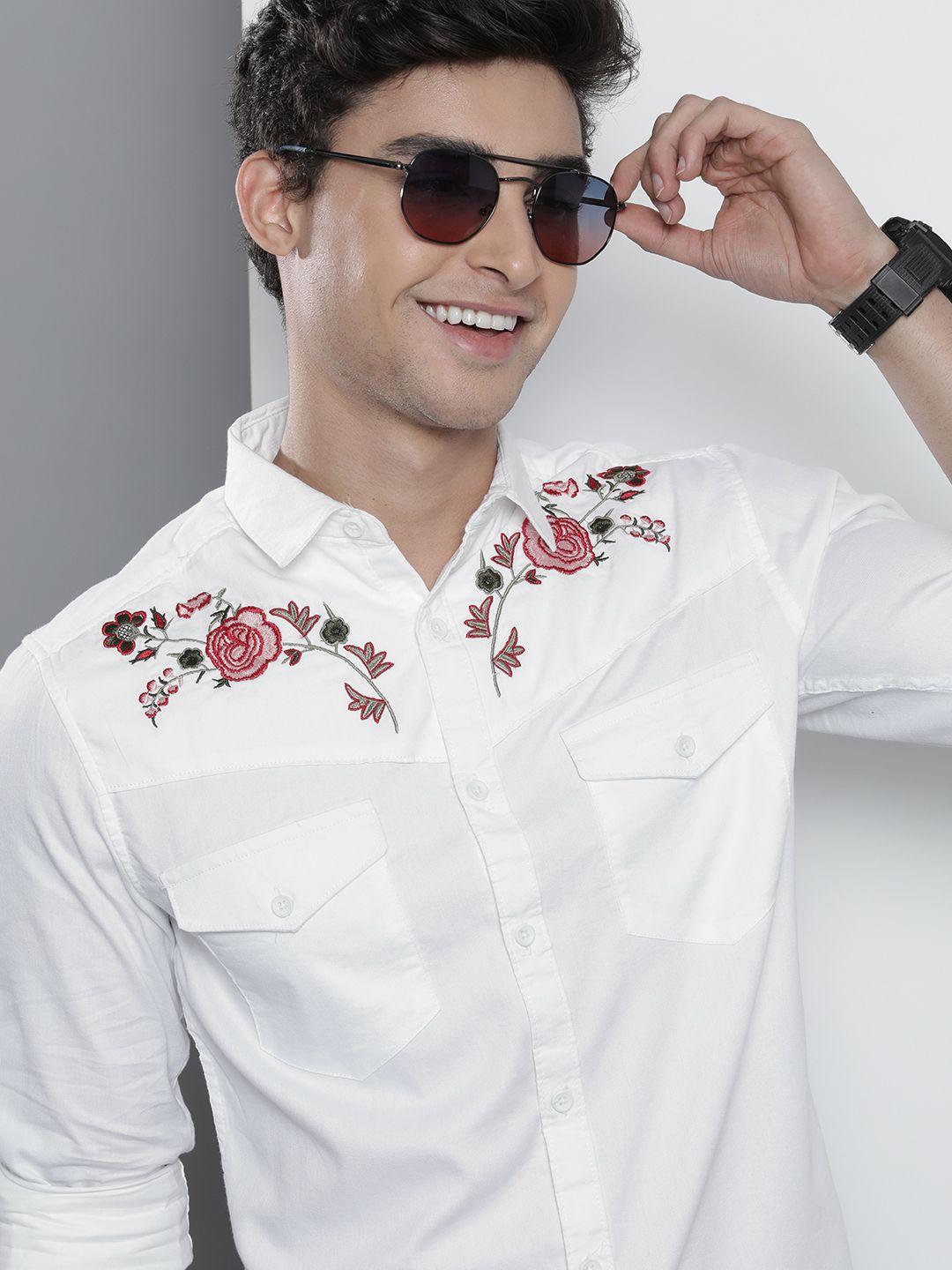 the indian garage co men white & red slim fit floral embroidered cotton casual shirt