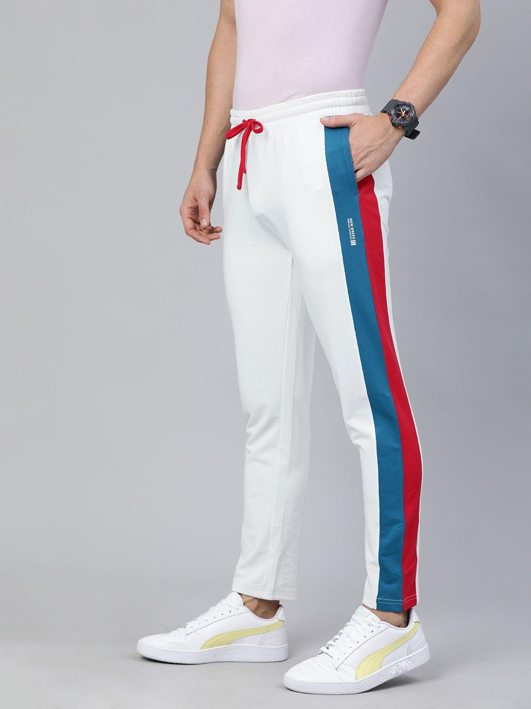 the indian garage co men white solid regular fit track pants with side stripe