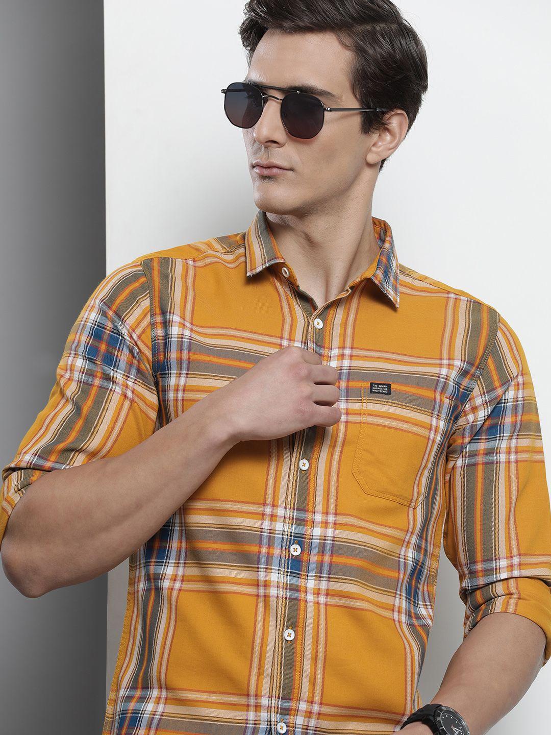 the indian garage co men yellow comfort checked regular fit casual shirt