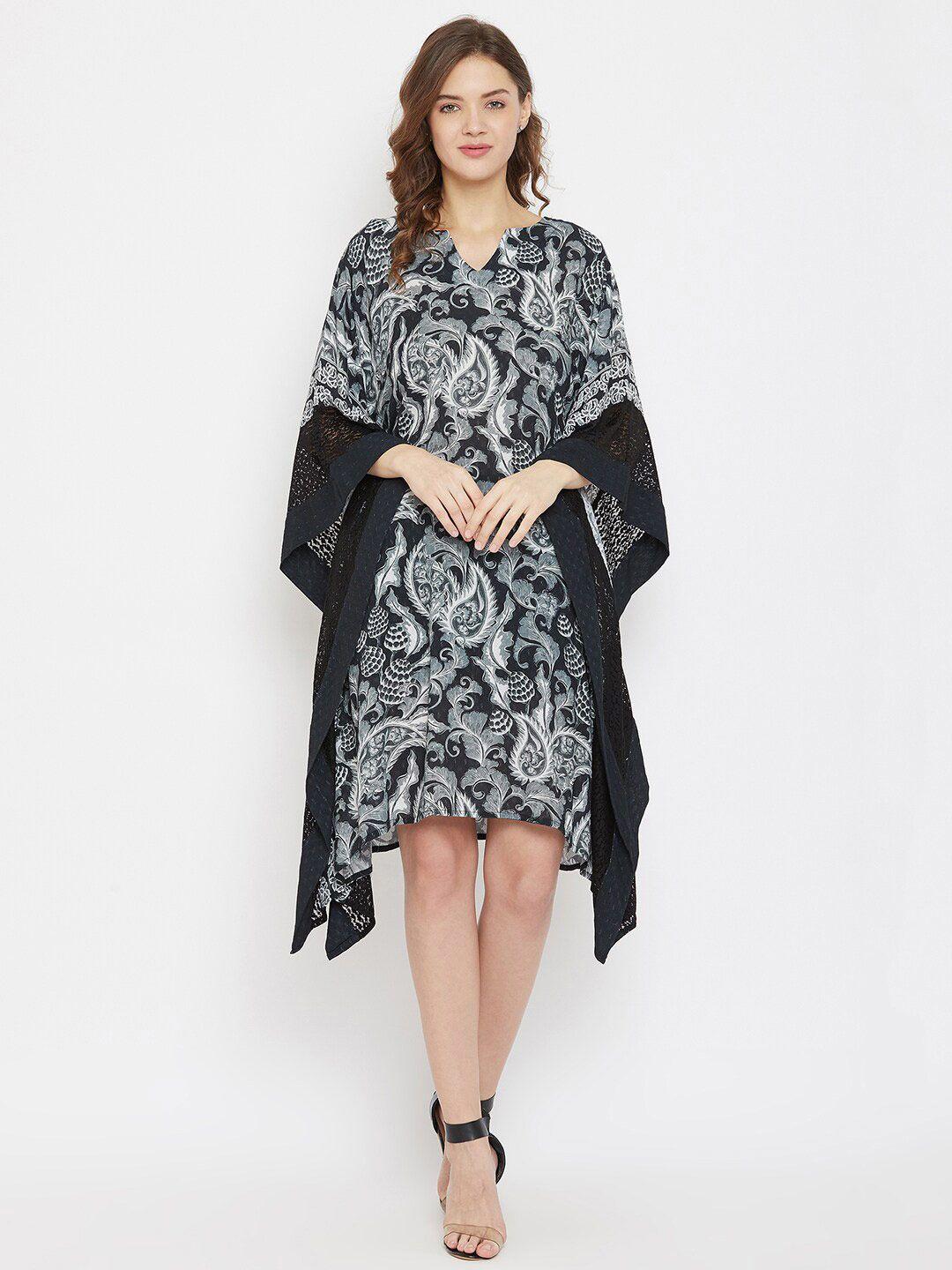 the kaftan company black paisley printed kimono sleeve lace inserts kaftan dress