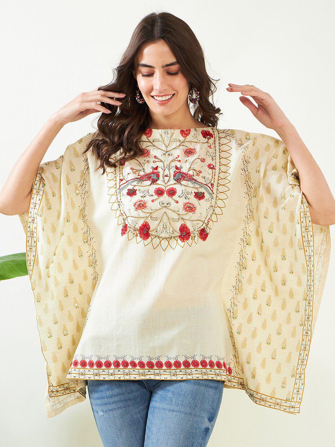 the kaftan company floral embroidered flared sleeves linen kaftan top