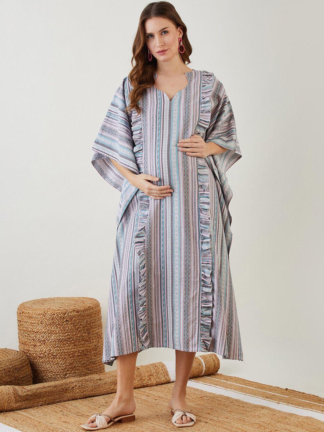the kaftan company grey striped ruffled denim maternity kaftan maxi dress