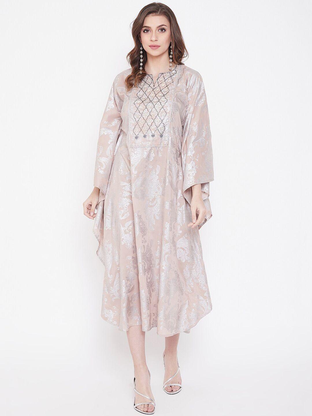 the kaftan company women beige embellished jacquard a-line dress
