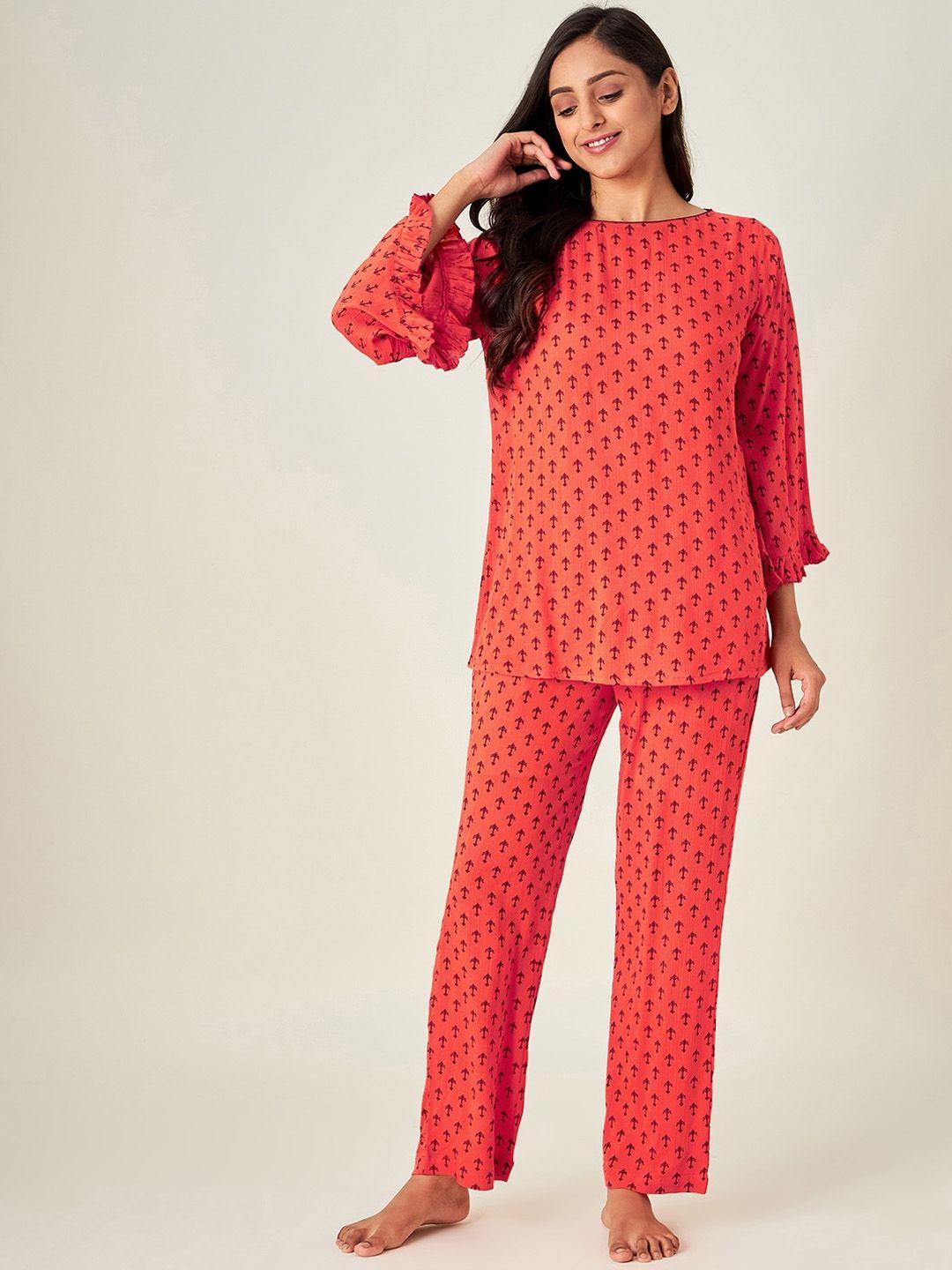 the kaftan company women orange & brown printed night suit ns_vs_indie07-orange