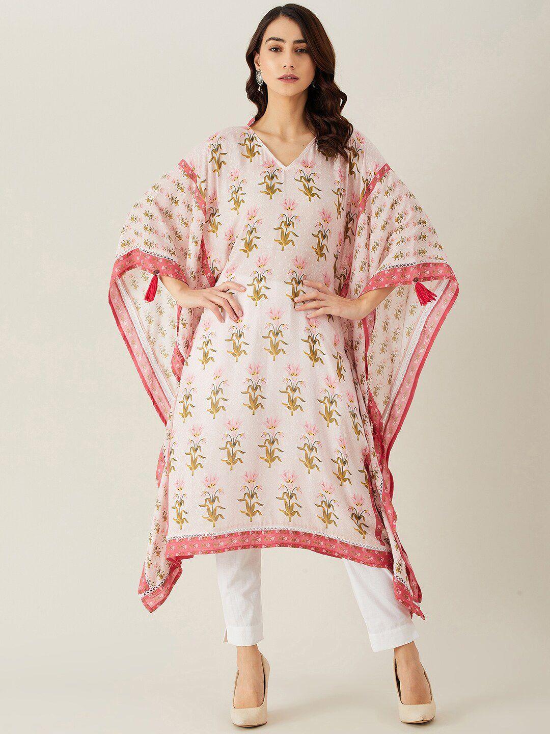 the kaftan company women pink floral printed flared sleeves floral dobby kaftan kurta