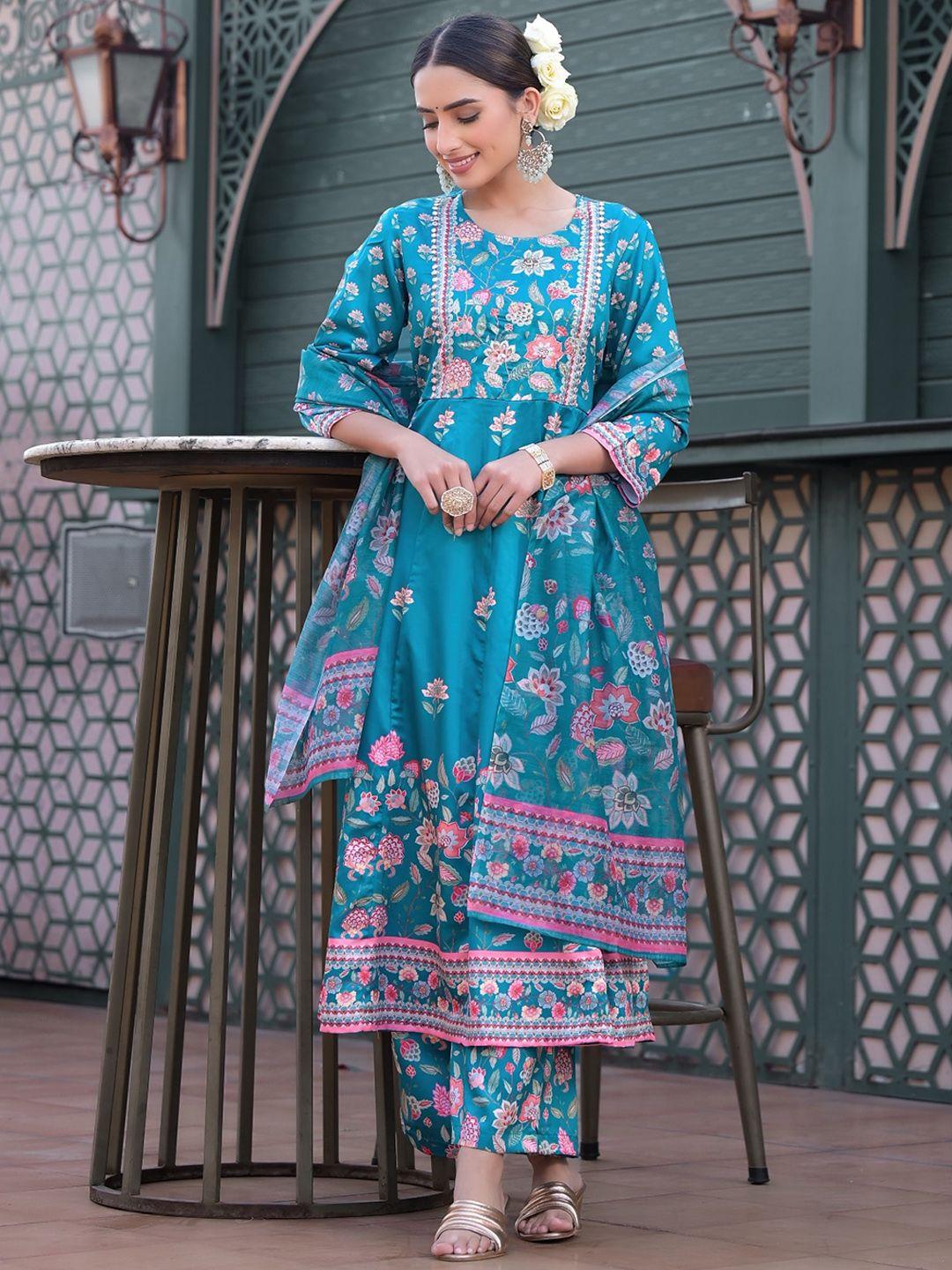 the kapas floral printed flared sequinned anarkali kurti with trousers & dupatta