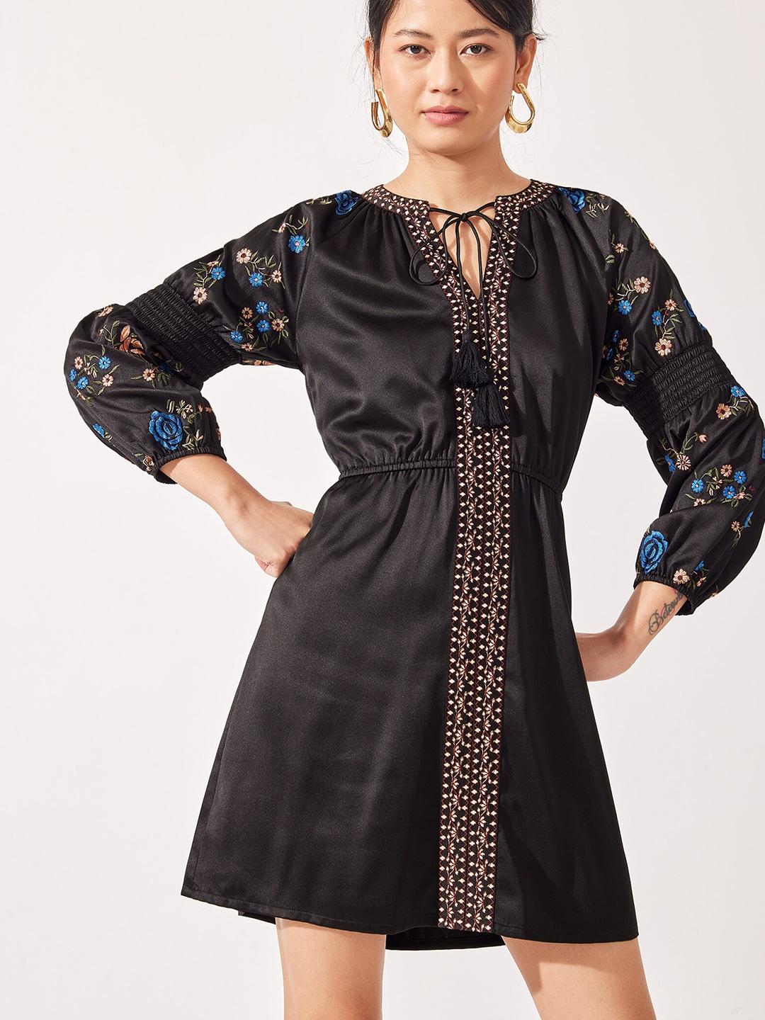 the label life black floral embroidered tie-up neck  a-line dress