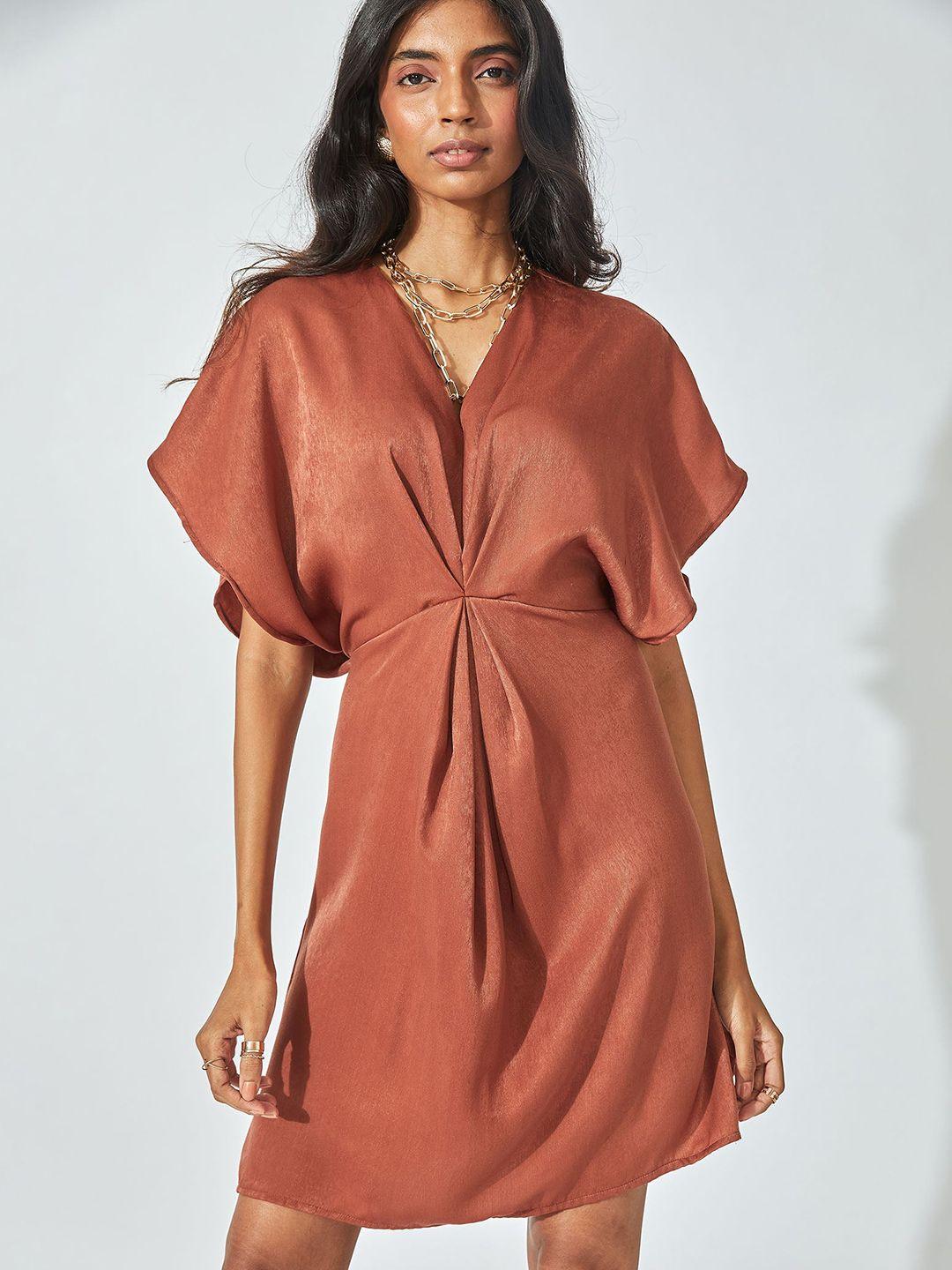 the label life brown terracotta satin gathered dress