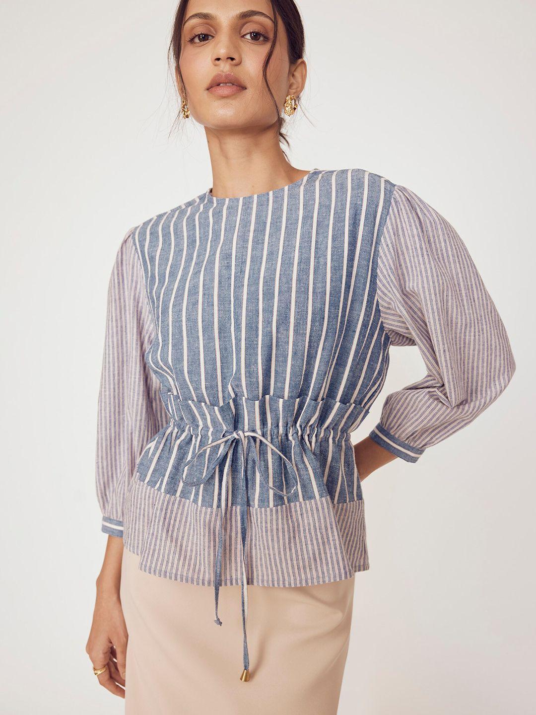 the label life vertical striped puff sleeves tie-ups detail cotton cinched waist top