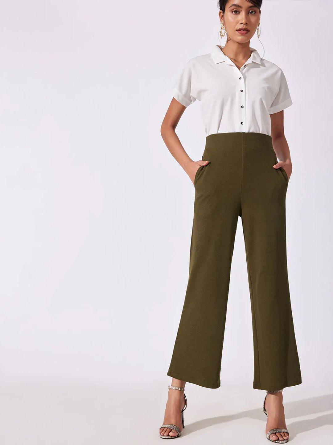 the label life women olive green cotton ribbed flare pants