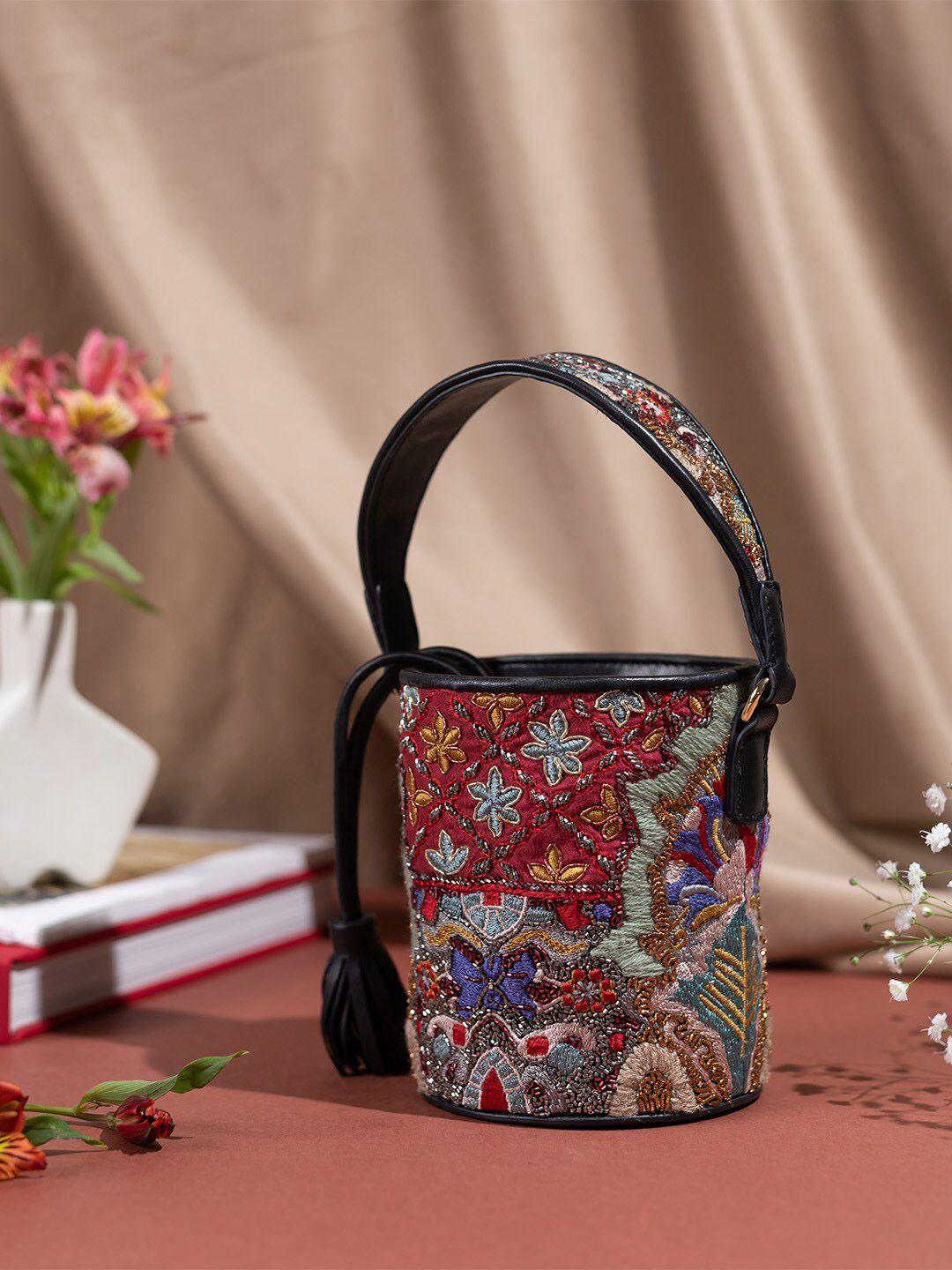 the leather garden embellished & embroidered leather bucket handheld bag