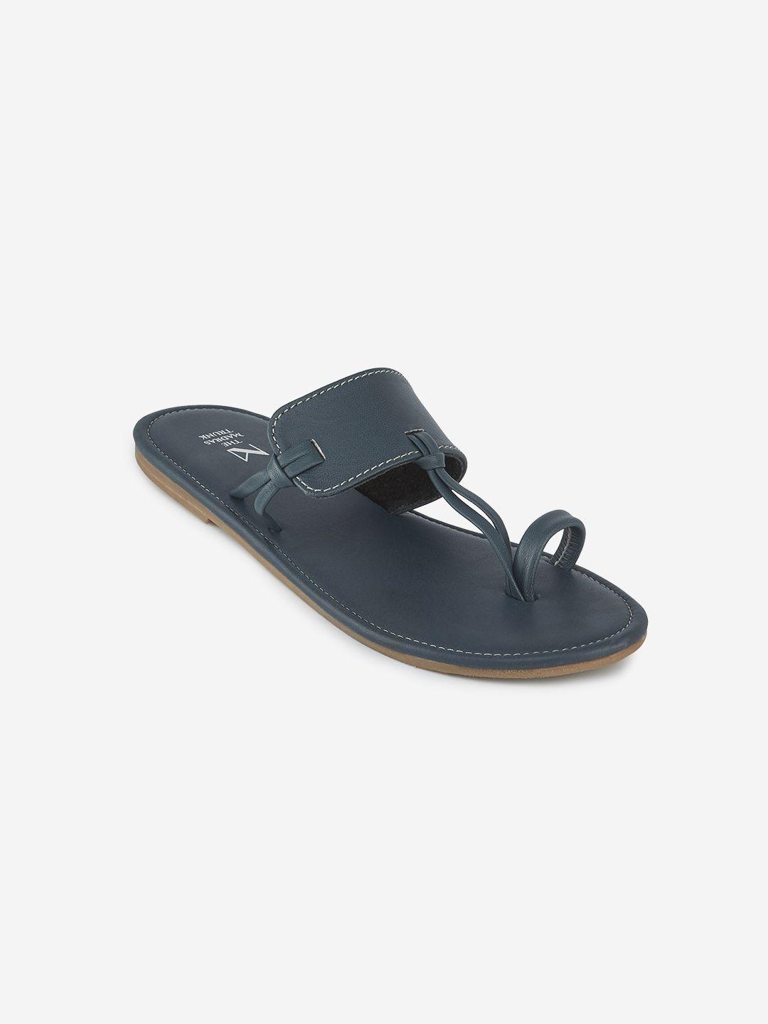 the madras trunk women navy blue solid leather t-strap flats