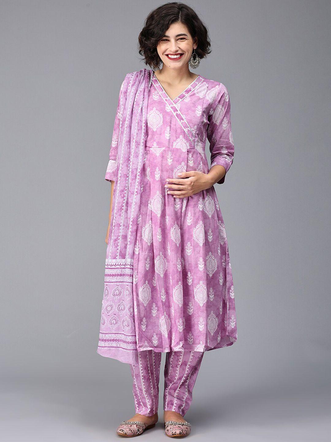 the mom store ethnic motifs printed empire a-line pure cotton maternity kurta set