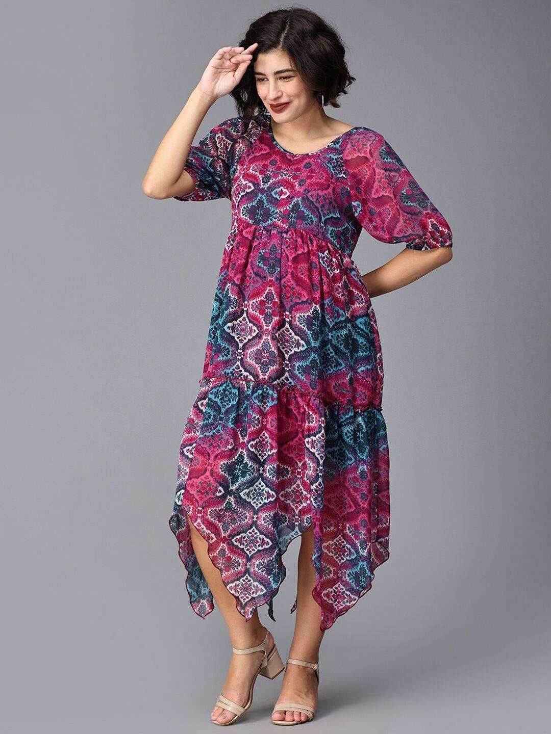 the mom store ethnic motifs printed tiered a-line midi maternity dress